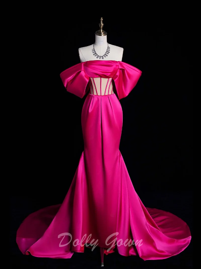 Robe de bal corset en satin rose vif à épaules dénudées