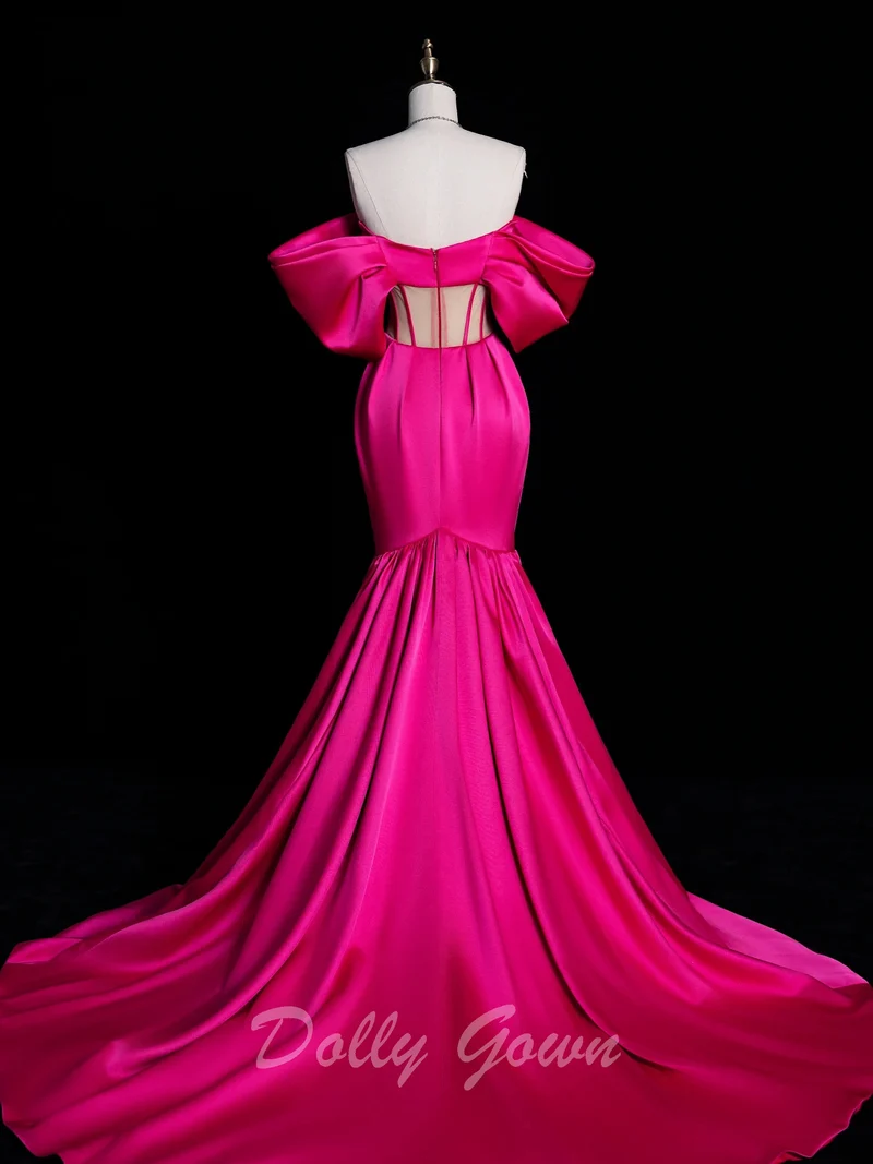 Robe de bal corset en satin rose vif à épaules dénudées