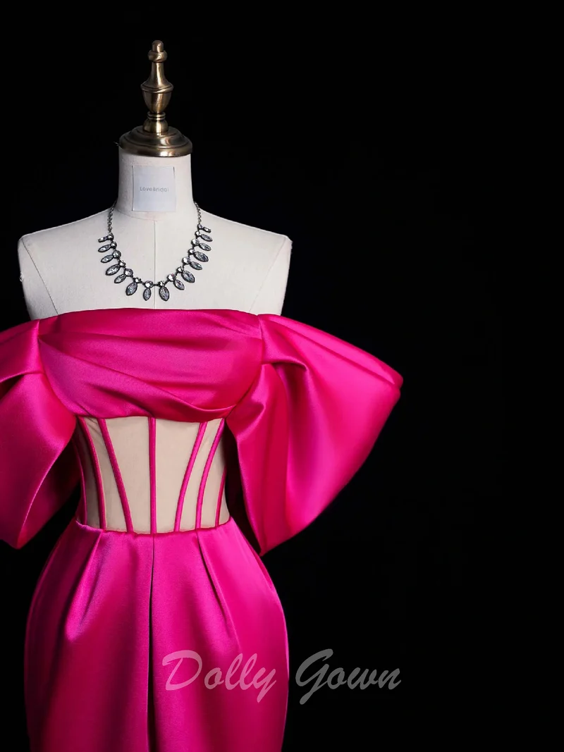 Robe de bal corset en satin rose vif à épaules dénudées