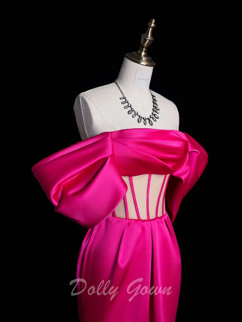 Robe de bal corset en satin rose vif à épaules dénudées