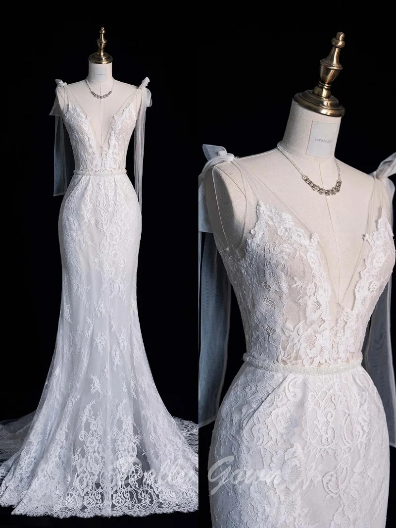 Robe de mariée illusion transparente en dentelle sirène à col en V