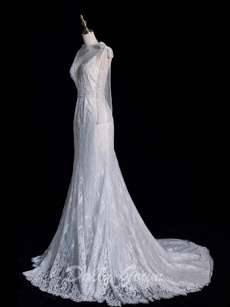 Robe de mariée illusion transparente en dentelle sirène à col en V