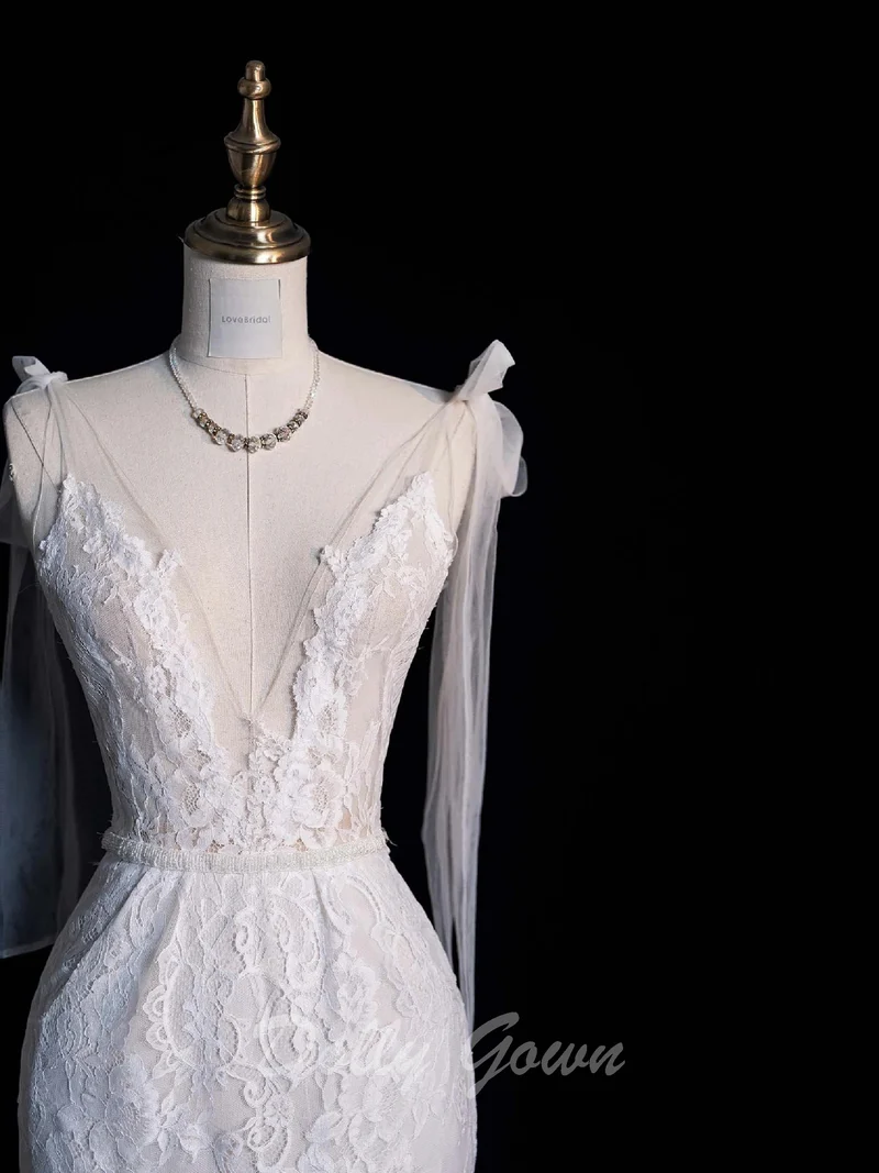 Robe de mariée illusion transparente en dentelle sirène à col en V