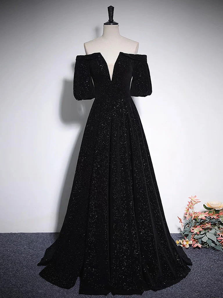 Robe de soirée en velours noire à épaules dénudées, robe de bal