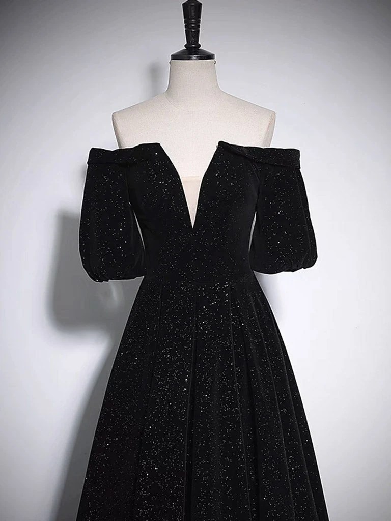 Robe de soirée en velours noire à épaules dénudées, robe de bal