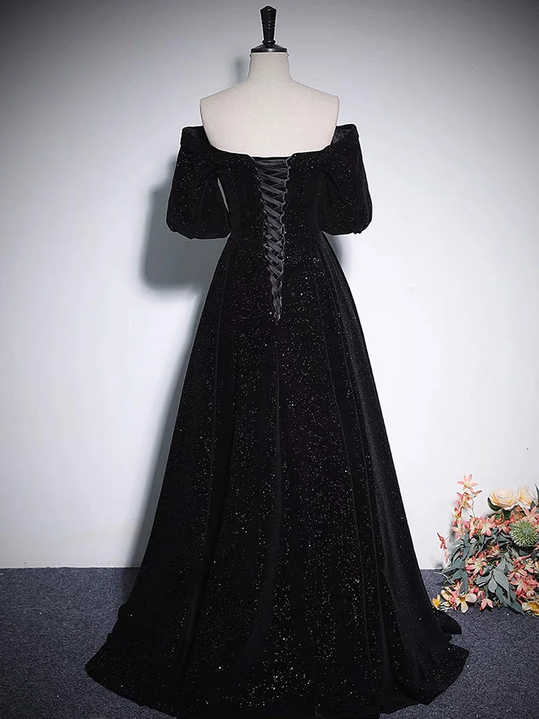 Robe de soirée en velours noire à épaules dénudées, robe de bal