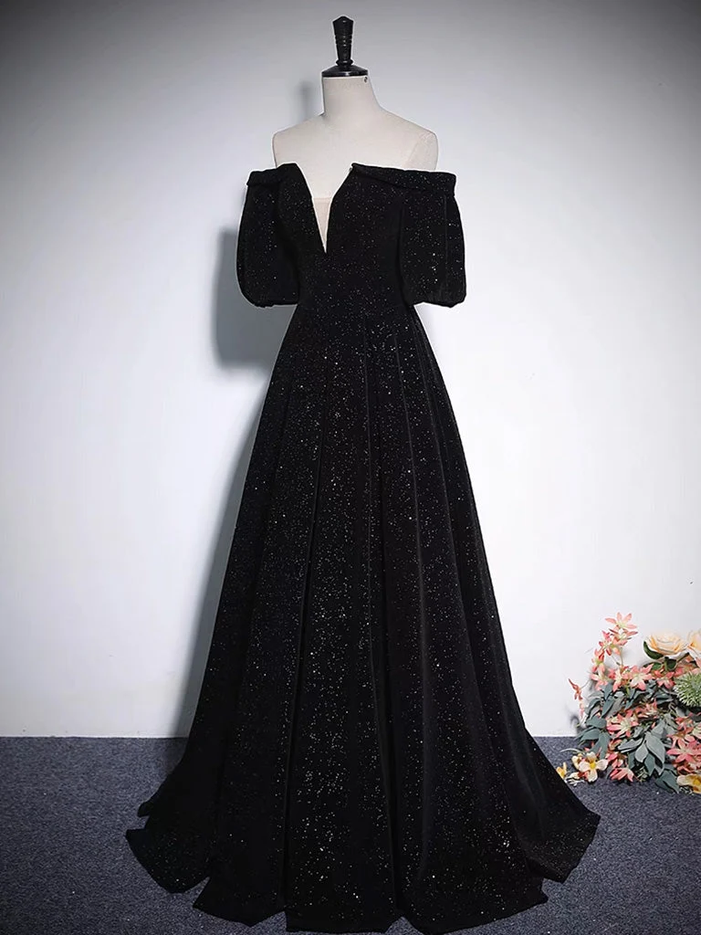 Robe de soirée en velours noire à épaules dénudées, robe de bal