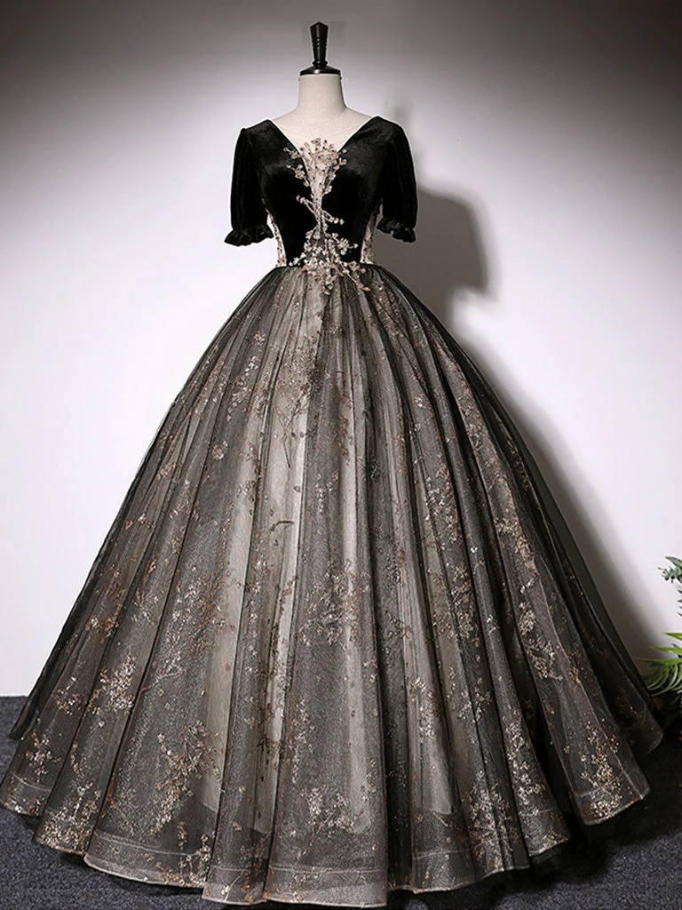 Robe de bal noire à manches mi-longues, robe de bal masquée, robe de Quinceanera
