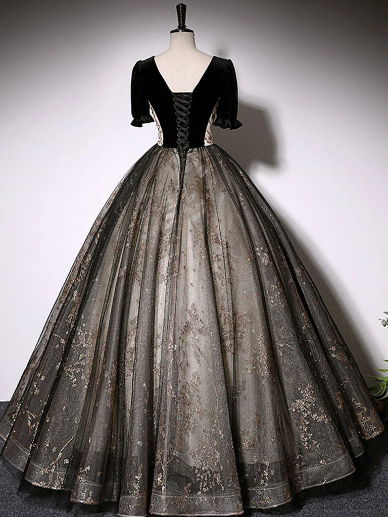 Robe de bal noire à manches mi-longues, robe de bal masquée, robe de Quinceanera