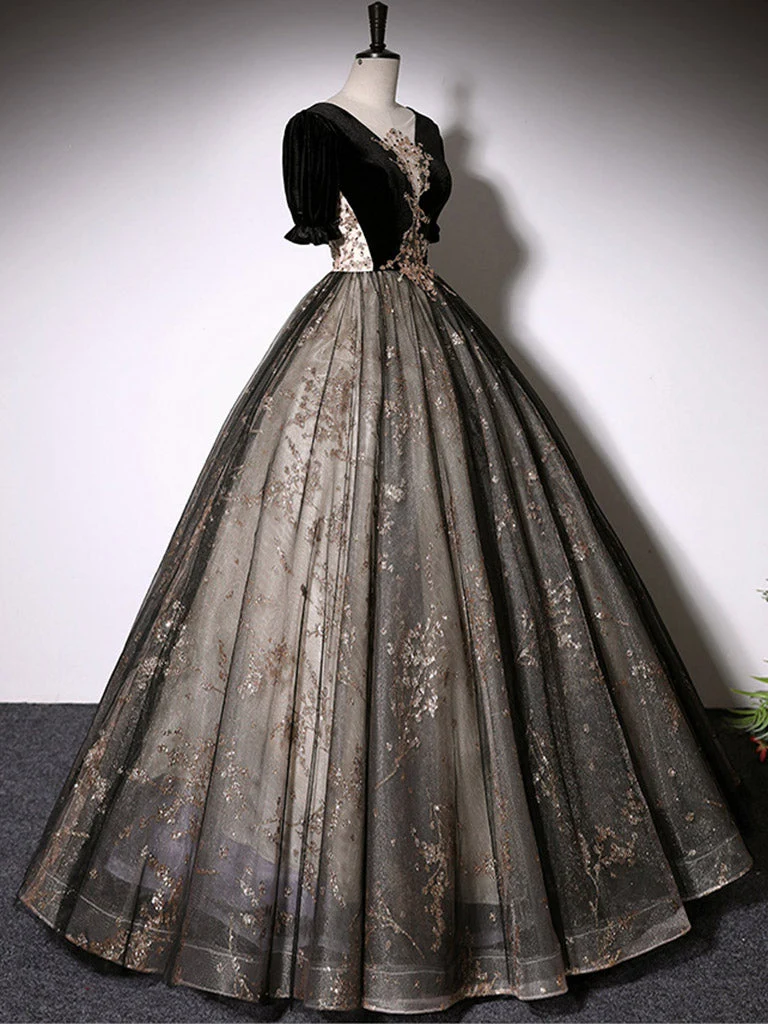 Robe de bal noire à manches mi-longues, robe de bal masquée, robe de Quinceanera