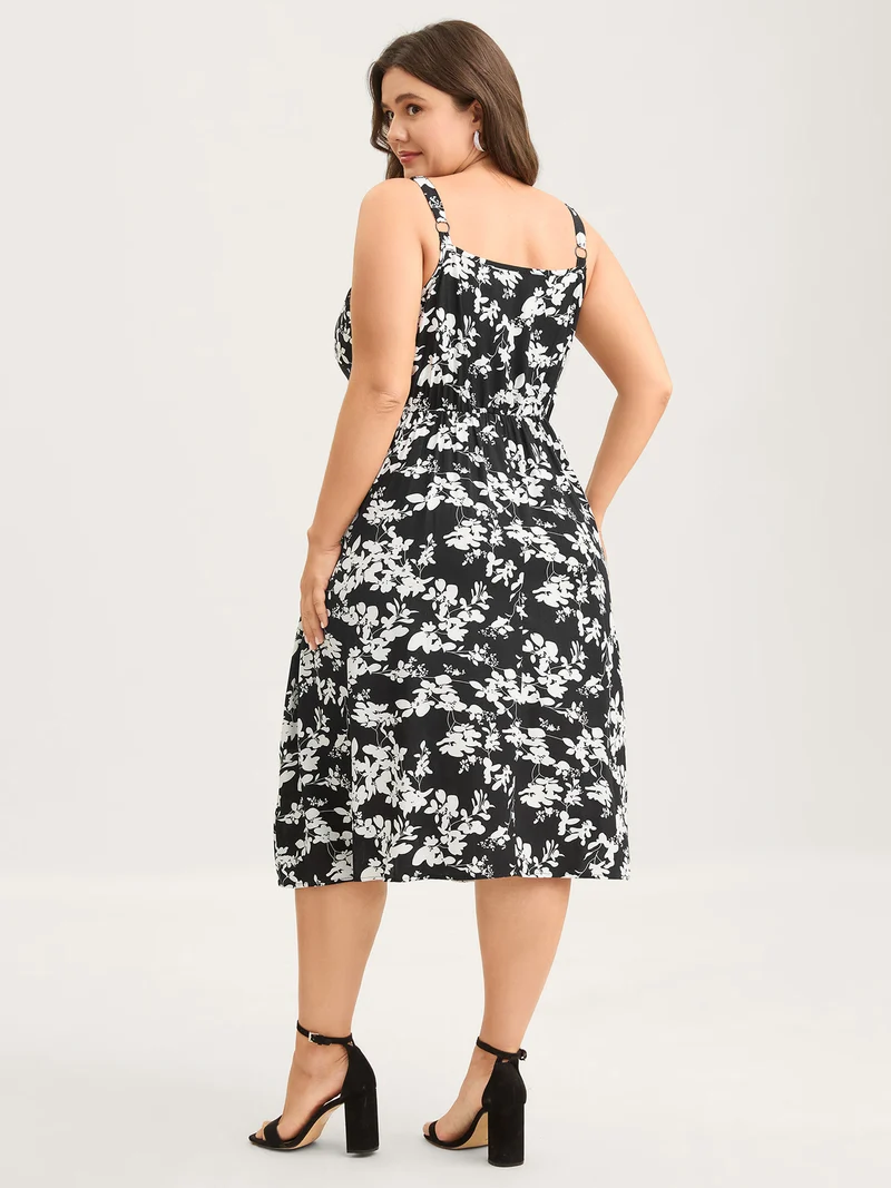 Floral Print Neck Tie Midi Dress