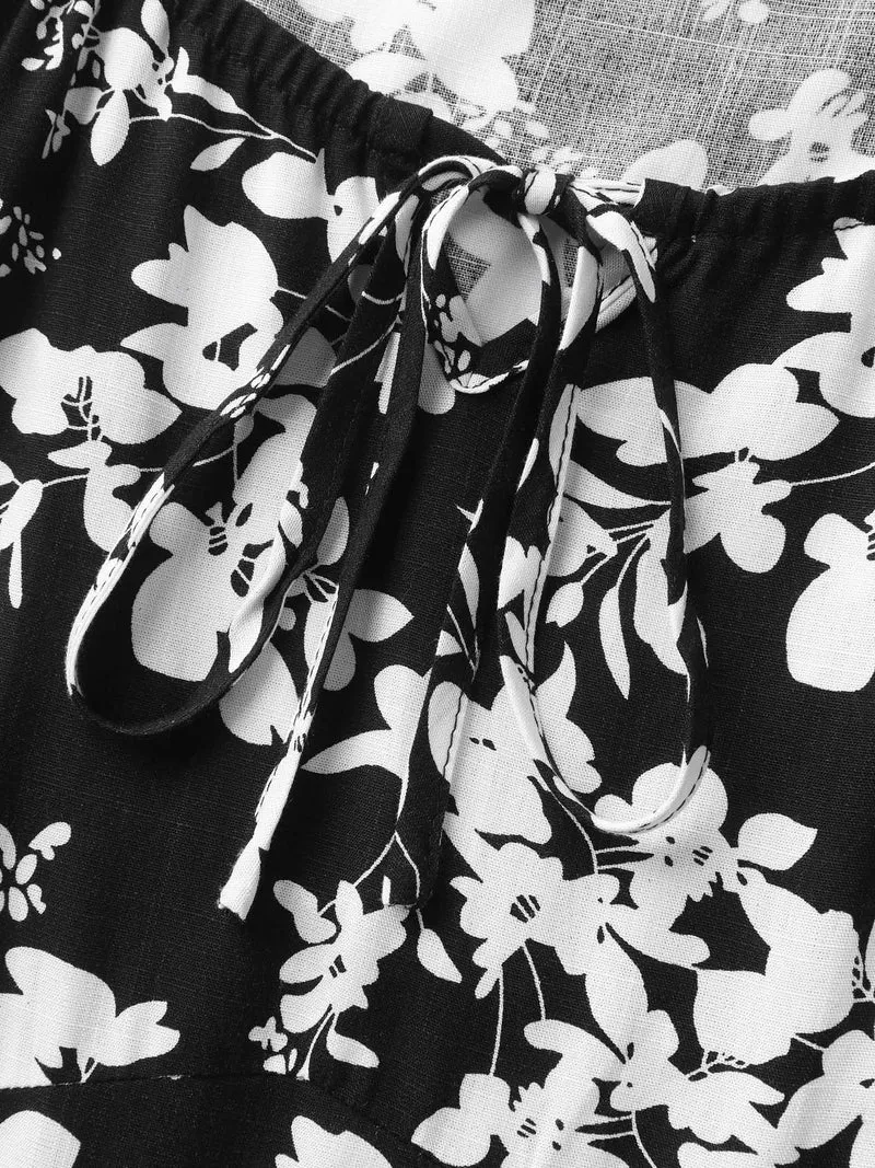 Floral Print Neck Tie Midi Dress