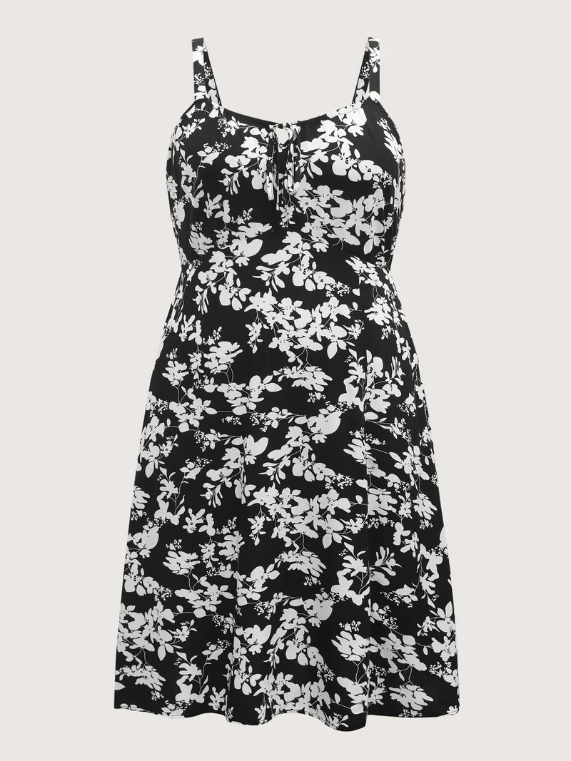 Floral Print Neck Tie Midi Dress
