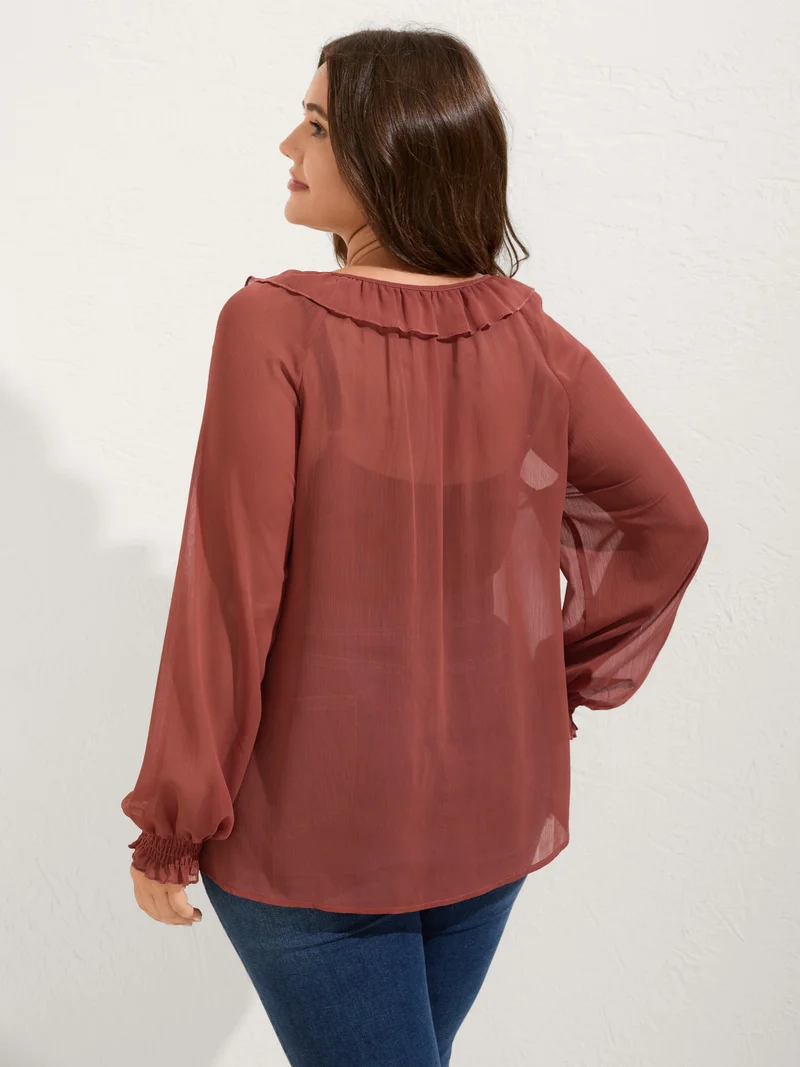 Sheer Ruffled Neck Flowy Solid Blouse