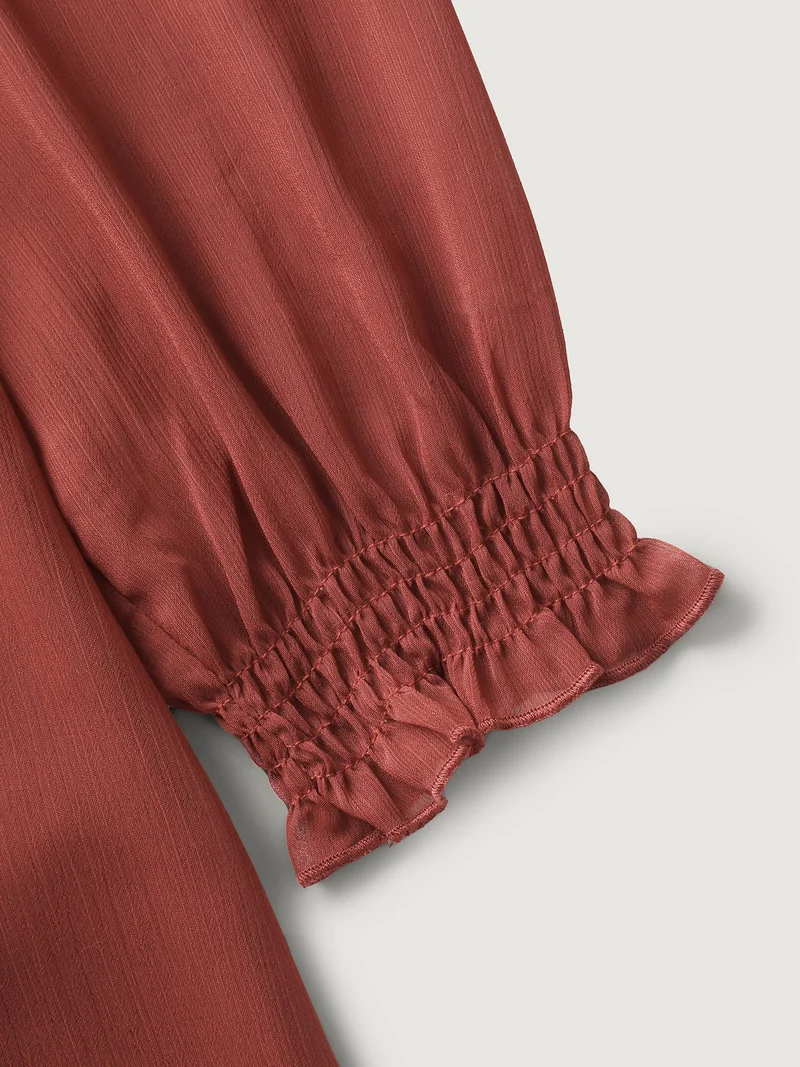 Sheer Ruffled Neck Flowy Solid Blouse