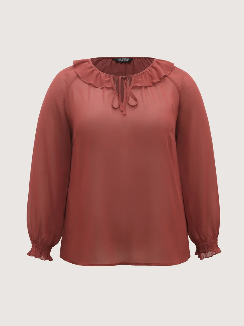 Sheer Ruffled Neck Flowy Solid Blouse