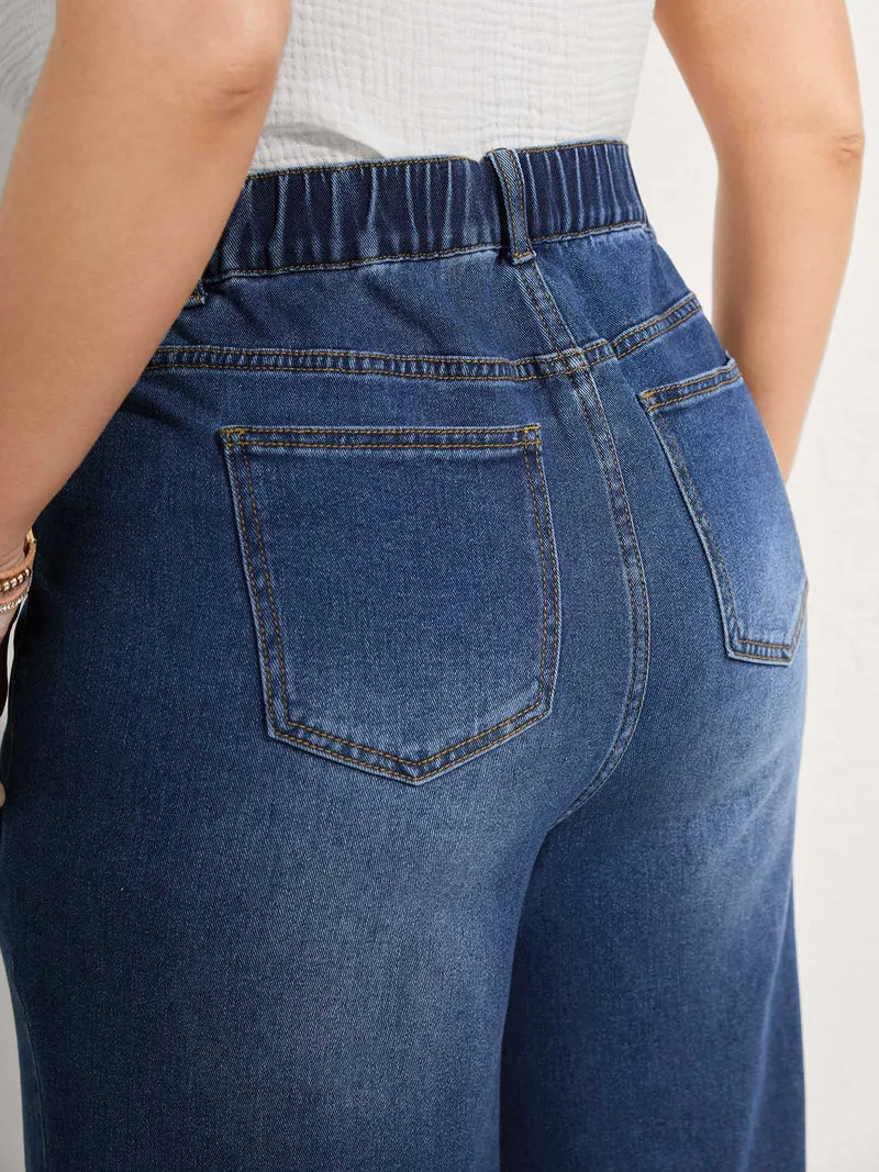 Floral Embroidered Elastic Waist Cropped Jeans