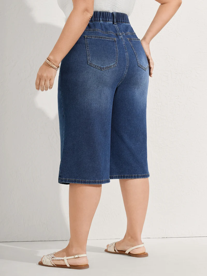 Floral Embroidered Elastic Waist Cropped Jeans