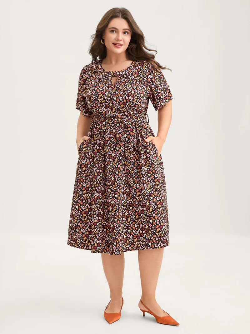 Floral Waist Tie Cut-Out Midi Dress