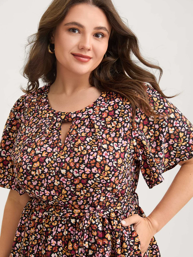 Floral Waist Tie Cut-Out Midi Dress