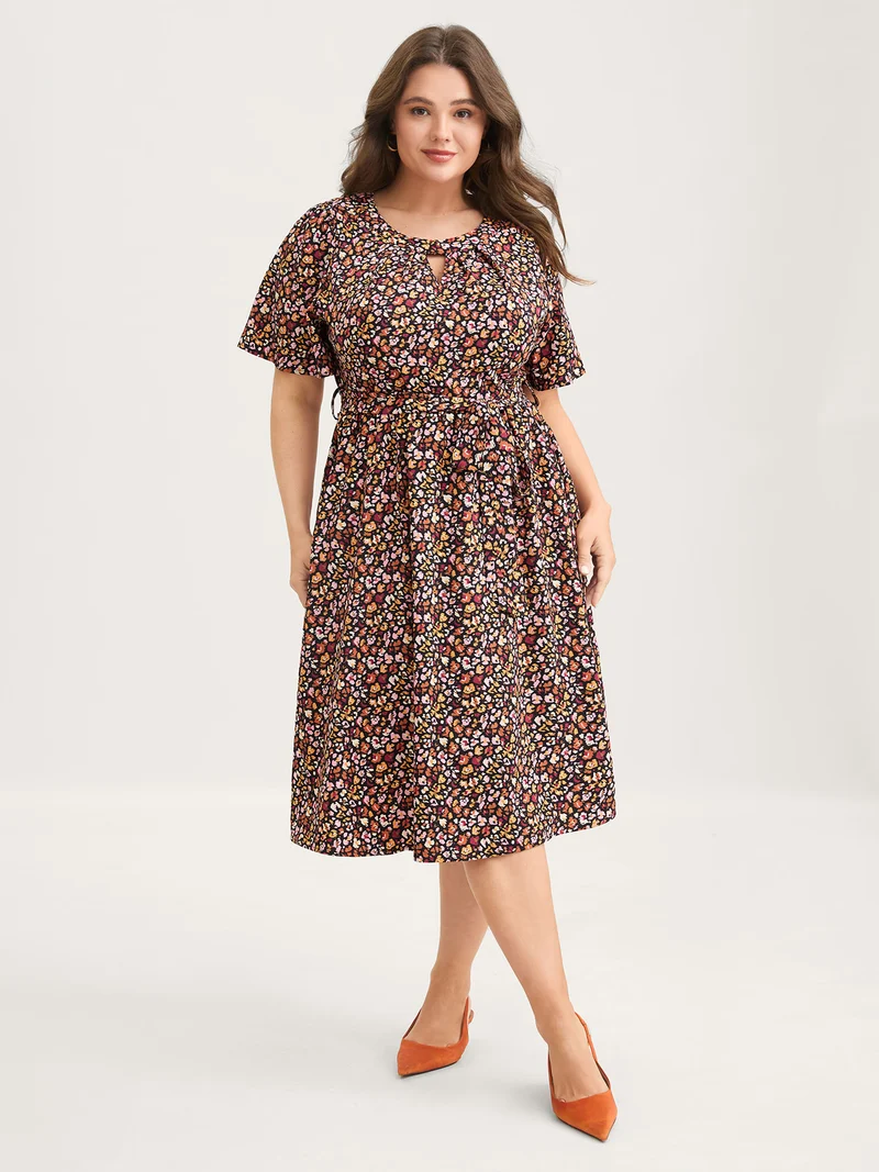 Floral Waist Tie Cut-Out Midi Dress