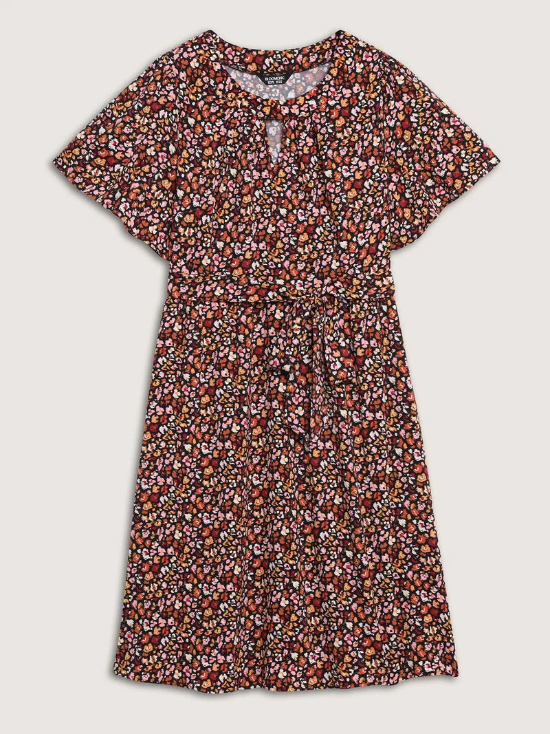 Floral Waist Tie Cut-Out Midi Dress
