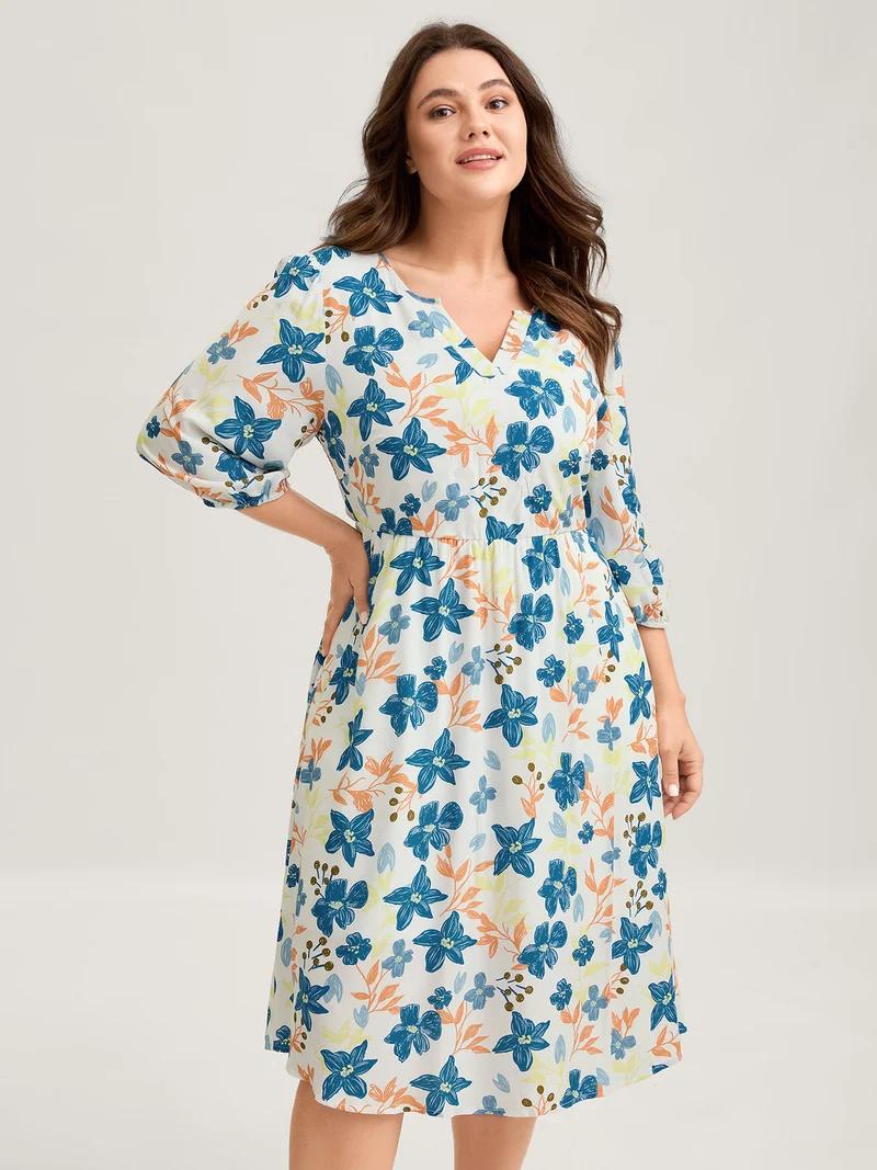 Rayon Floral Stretchy Waist Pockets Midi Dress
