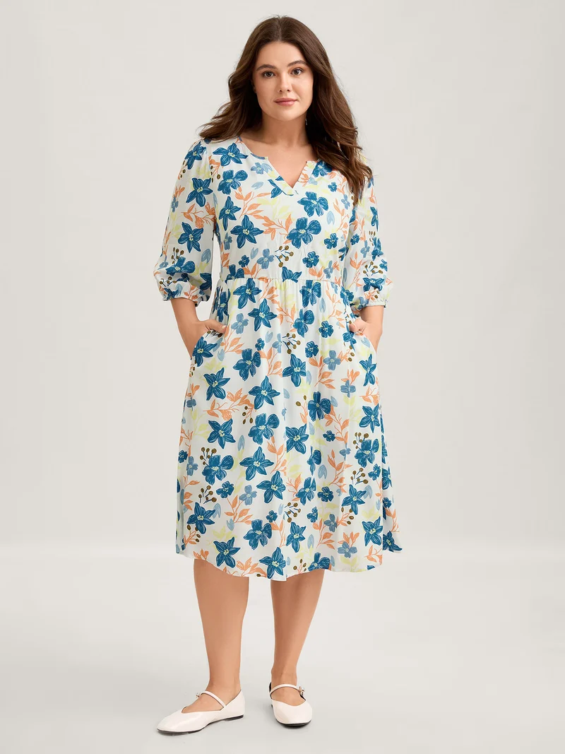 Rayon Floral Stretchy Waist Pockets Midi Dress