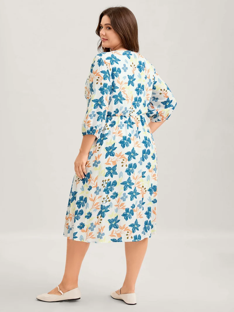 Rayon Floral Stretchy Waist Pockets Midi Dress
