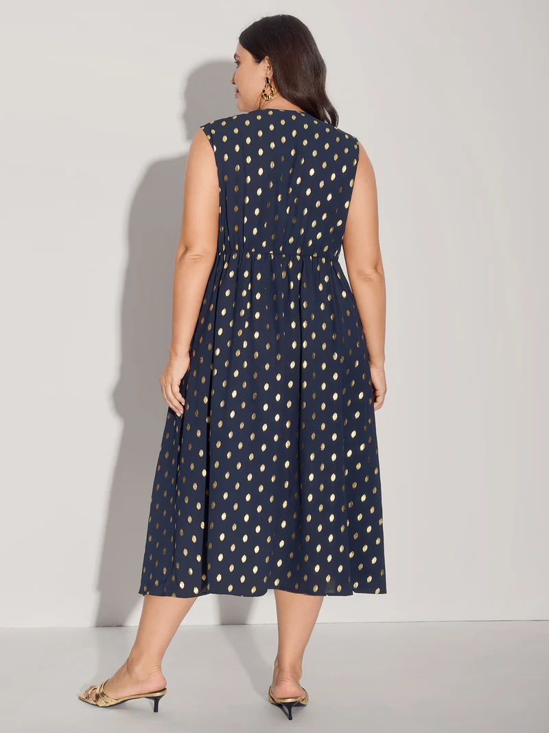 Gold Polka Dots Waist-Defining Midi Dress