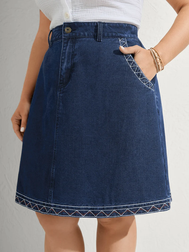 Geometric Embroidered Hem Mini Denim Skirt