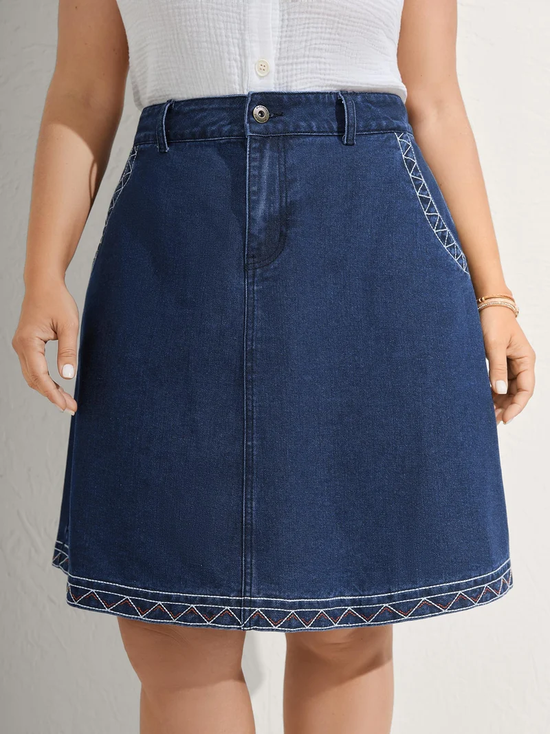 Geometric Embroidered Hem Mini Denim Skirt