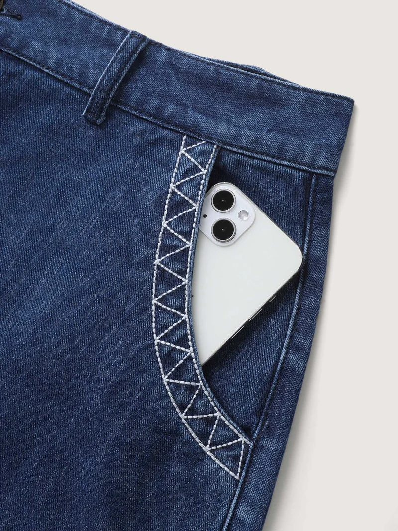 Geometric Embroidered Hem Mini Denim Skirt