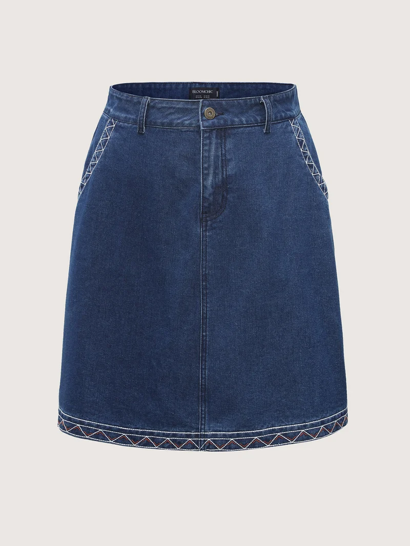 Geometric Embroidered Hem Mini Denim Skirt