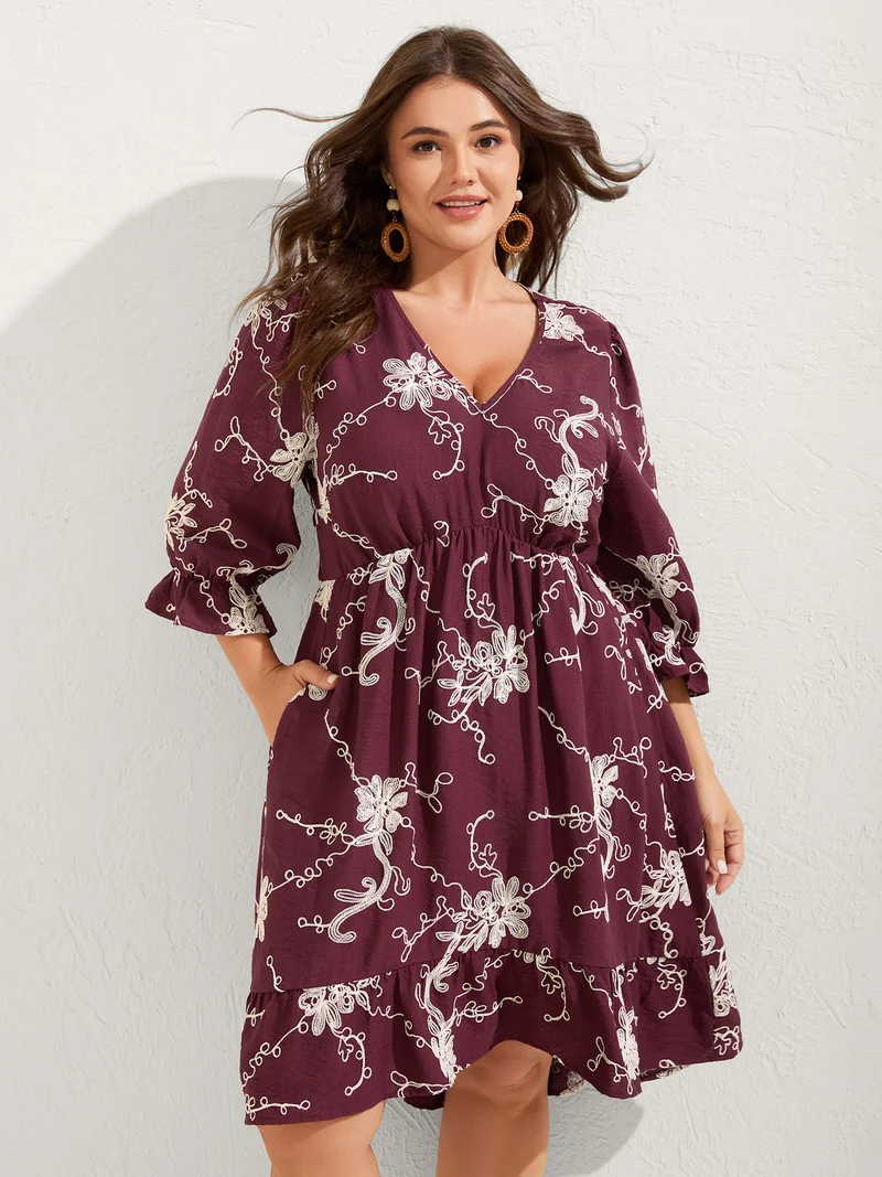 Floral Embroidered Stretchy Waist Midi Dress