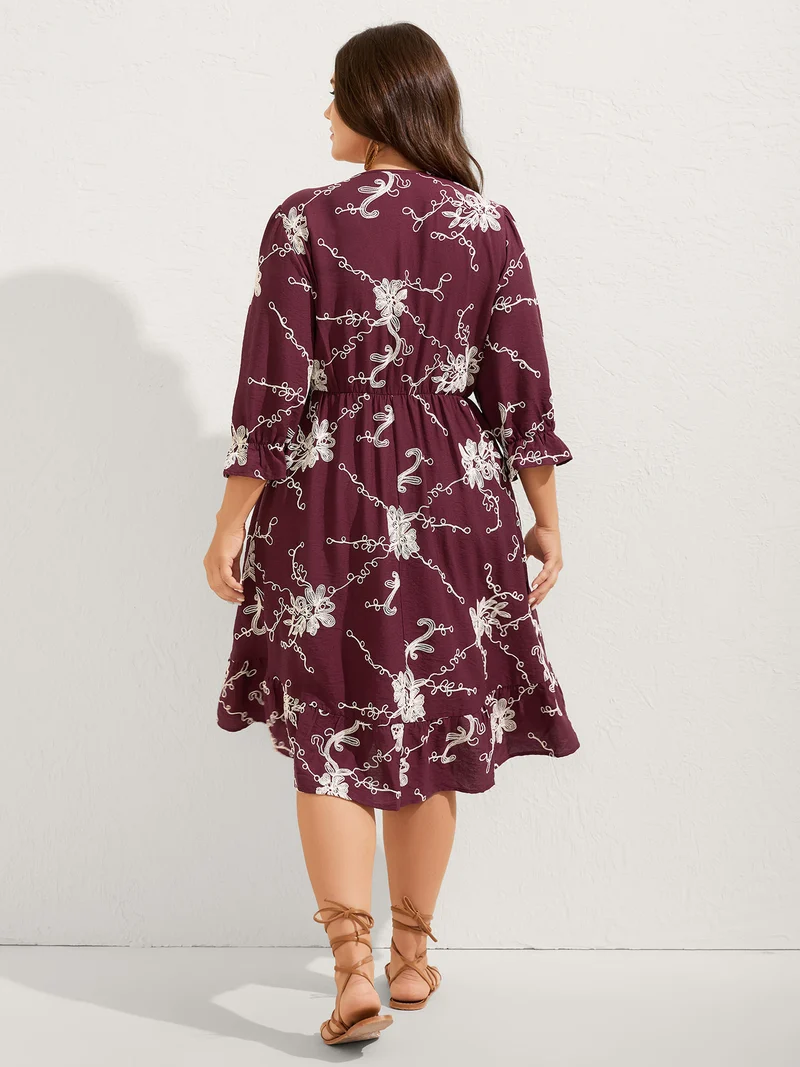 Floral Embroidered Stretchy Waist Midi Dress