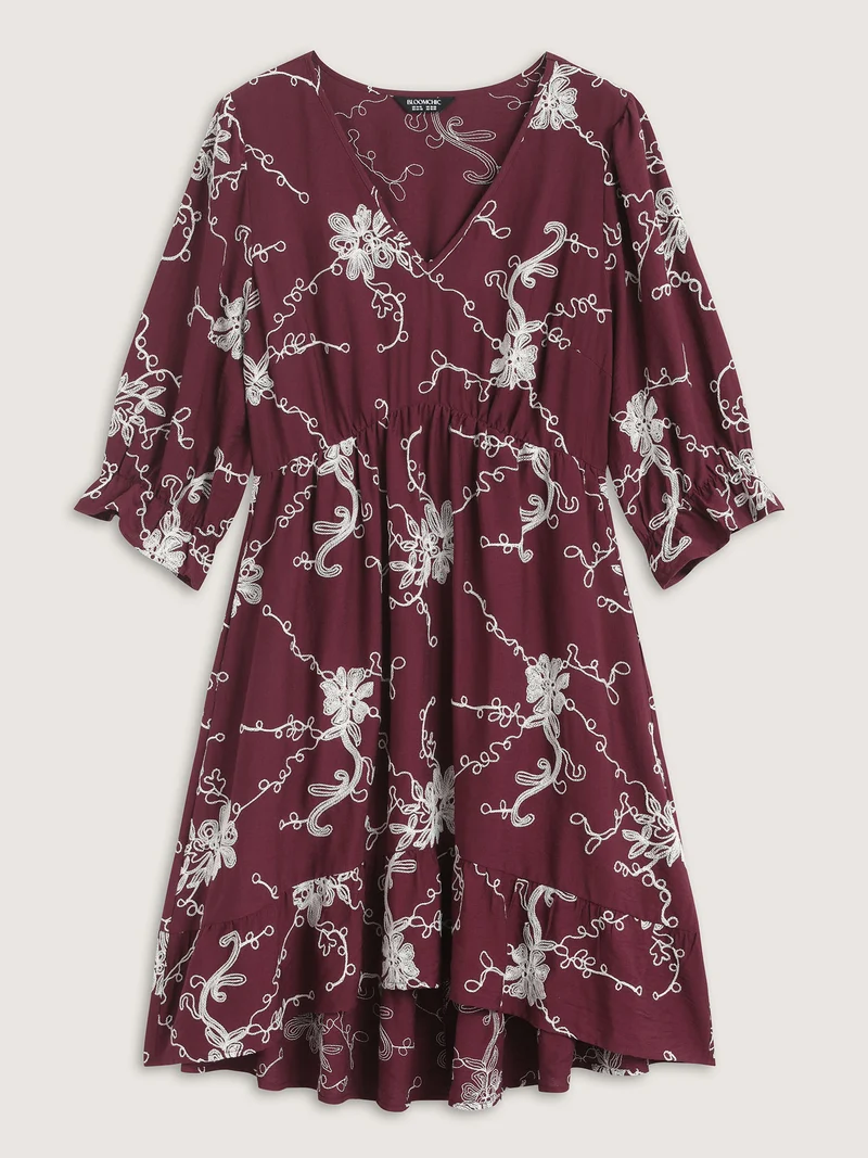 Floral Embroidered Stretchy Waist Midi Dress