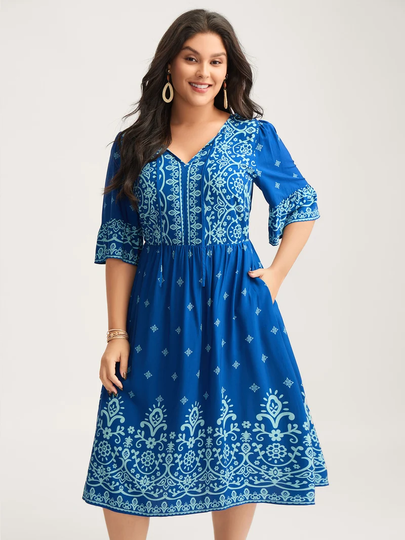 Stretchy Waist Boho Print Midi Dress