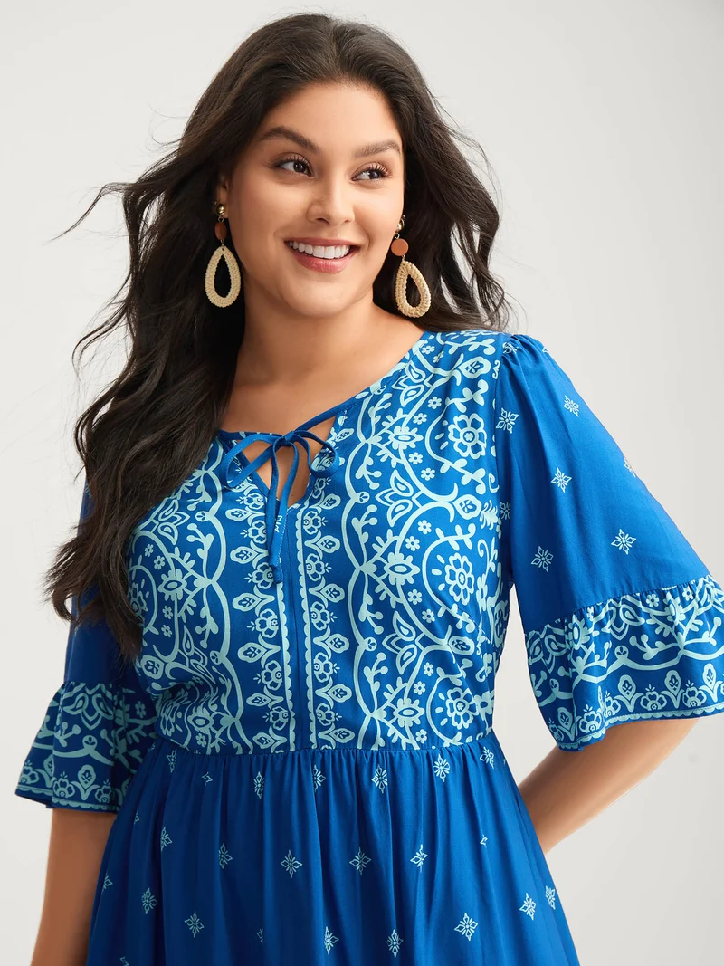 Stretchy Waist Boho Print Midi Dress
