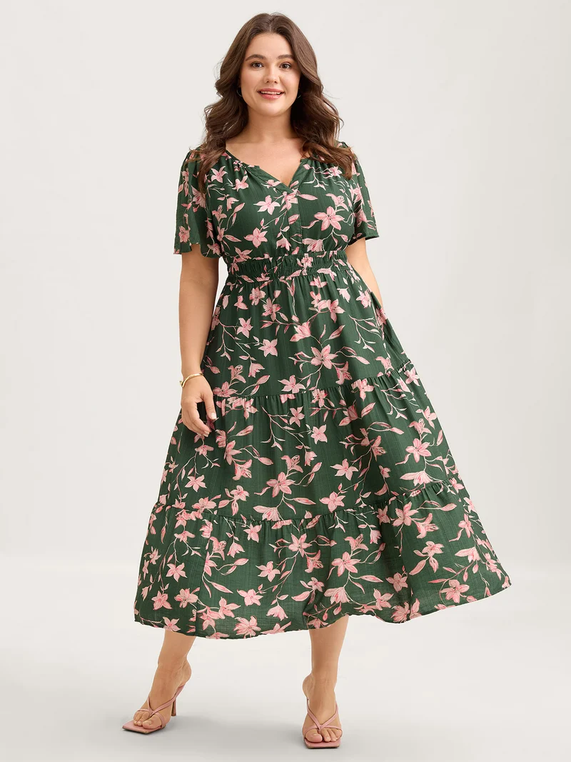 Breezy Floral Shirred Waist Midi Dress