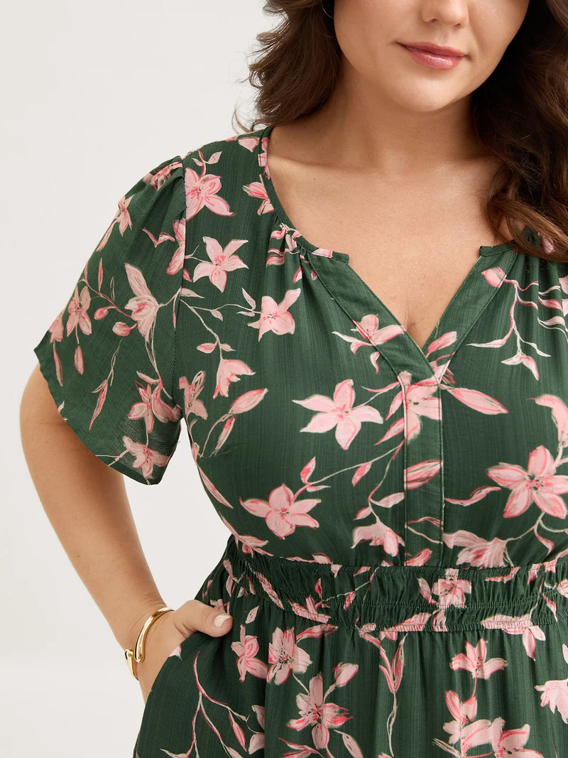 Breezy Floral Shirred Waist Midi Dress