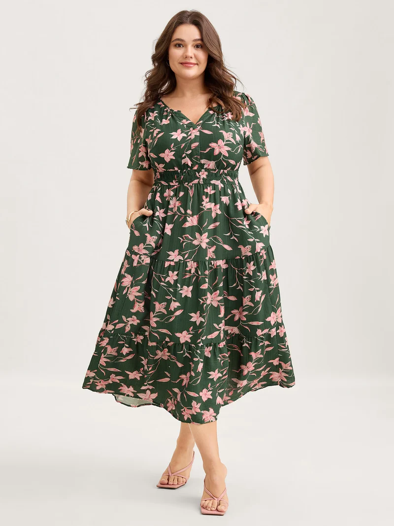 Breezy Floral Shirred Waist Midi Dress