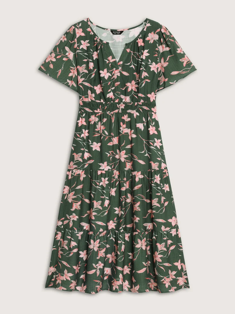 Breezy Floral Shirred Waist Midi Dress