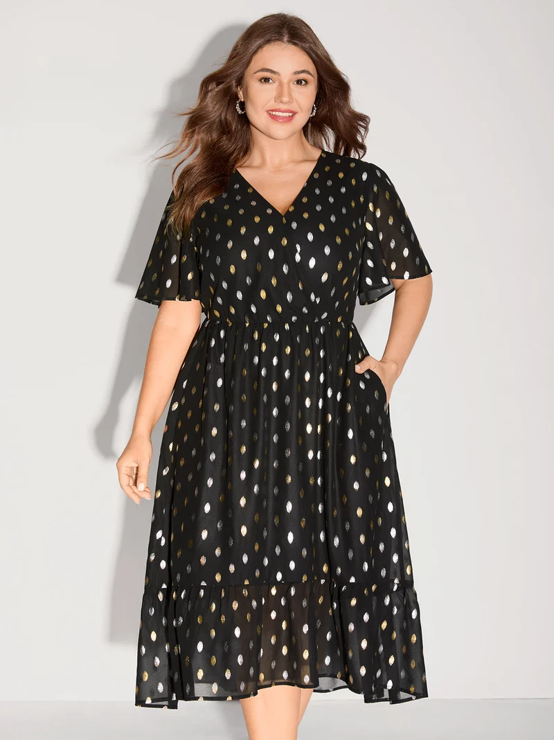 Sheer Polka Dots Wrap Midi Dress