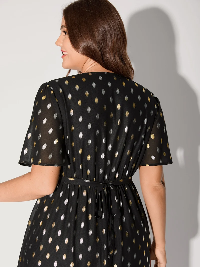 Sheer Polka Dots Wrap Midi Dress