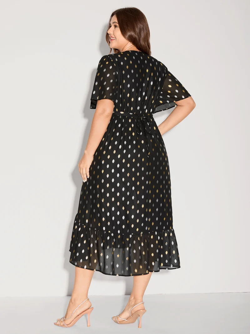 Sheer Polka Dots Wrap Midi Dress
