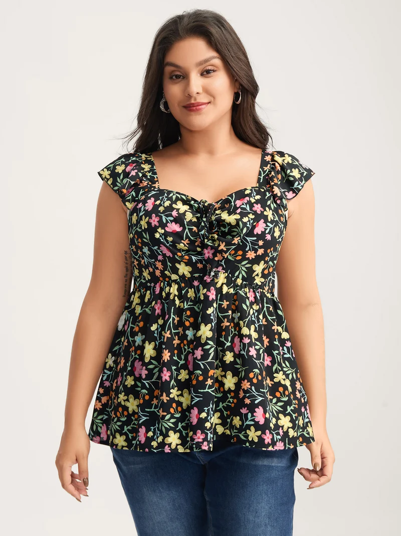 Floral Ruched Bodice Sweetheart Tank Top