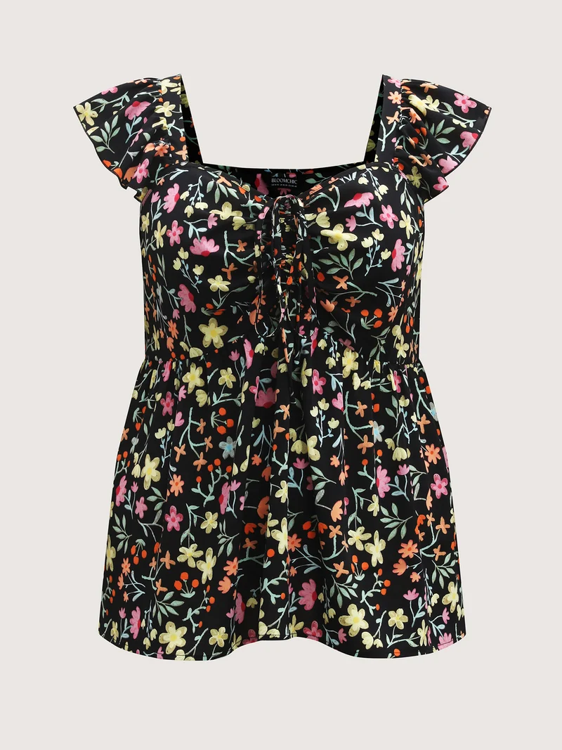 Floral Ruched Bodice Sweetheart Tank Top
