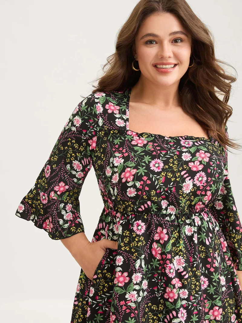 Floral Ruffled Square Neck Midi Dress