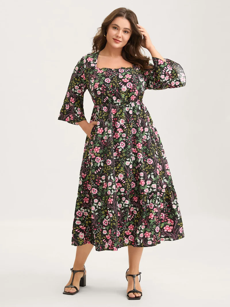 Floral Ruffled Square Neck Midi Dress
